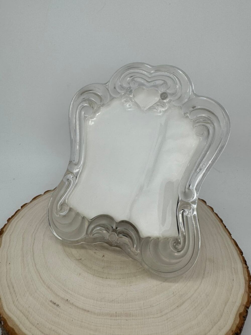 Vintage Clear Glass Picture Frame 5x5.5 Heart Scroll Victorian Style Easel